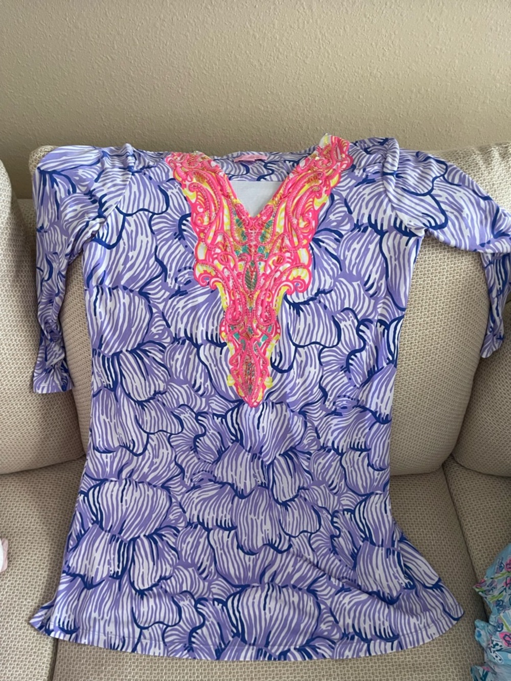 Women's Blue Floral Print Dress with Pink Embroidered V-Neck